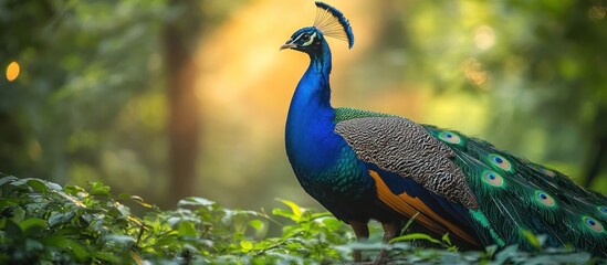 Obraz premium A peacock stands in a lush green forest, its beautiful blue and green feathers on display.