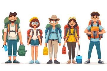 A group of tourists stands together, showcasing a mix of travel gear and casual attire. They are isolated on a white background, highlighting their shared adventure and enthusiasm for exploration.	