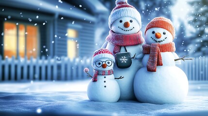 Obraz premium A snowman family standing together in a snow-covered backyard, each wearing different colored scarves and hats. The snow mom has a purse made of snow, the snow dad wears glasses,