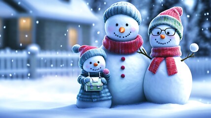 Fototapeta premium A snowman family standing together in a snow-covered backyard, each wearing different colored scarves and hats. The snow mom has a purse made of snow, the snow dad wears glasses,