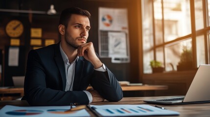 Focused businessman working on laptop in modern office, achieving success through productivity and technology