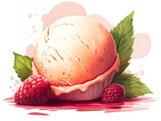 Delicious Raspberry Ice Cream Cone with Chocolate Drizzle and Herbal Garnish