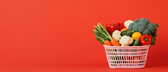 Naklejka premium A Pink Basket Filled with Fresh Produce, Including Red Bell Peppers, Broccoli, Cauliflower, Carrots, and Lemons on a Red Background
