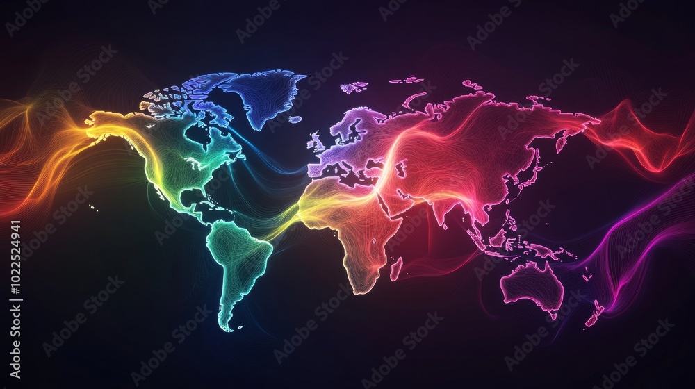 Poster abstract neon world map with vibrant, flowing colorful lines