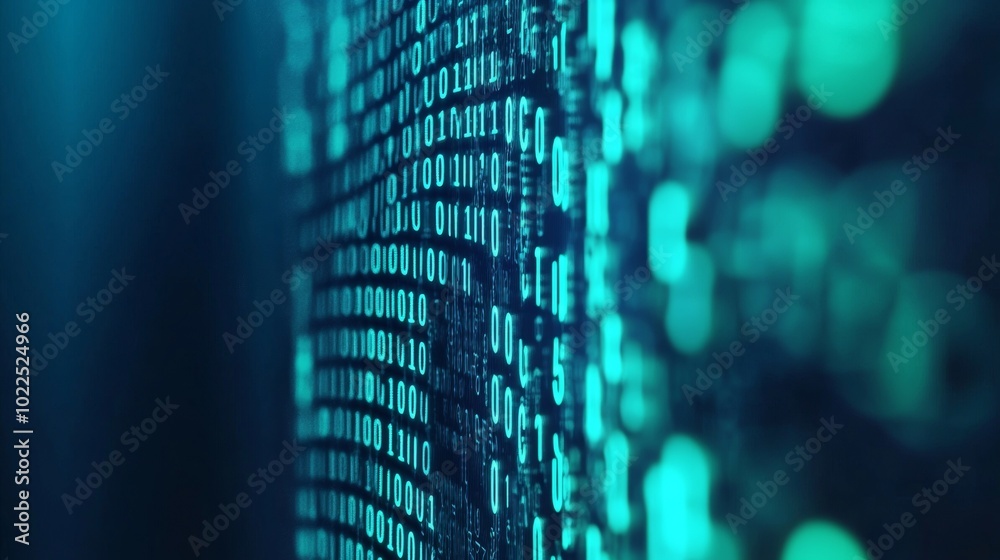 Poster Binary Code Matrix in Green on Futuristic Blue Background - Tech Perspective