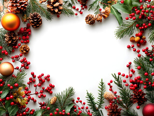 Fototapeta premium Festive Christmas Decorations with Pine Cones Berries and Ornaments in a Winter Wonderland Background