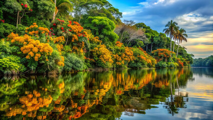 Fototapeta premium serene riverbank with vibrant flowers reflecting on calm water