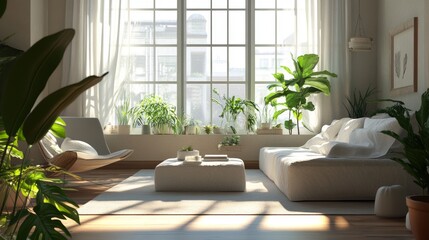 Minimalist Living Room with Sleek Furniture and Soft Natural Light