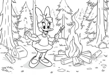 Fototapeta premium Cartoon Duck Girl Camping with Bonfire and Trees Coloring Page Illustration