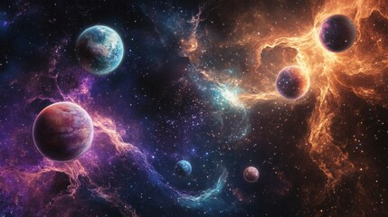 An abstract space landscape with planets of different sizes and colors, floating through a galaxy of swirling stars and cosmic dust, set against a deep, dark background.