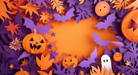 A spooky Halloween-themed paper cut card with orange and purple decorations, such as pumpkins, bats, stars, and ghostly faces. 