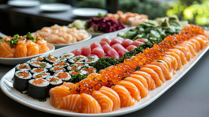 sushi and sashimi spread elegantly arranged on a catering table, inviting guests with its fresh and colorful presentation, symbolizing hospitality, luxury, and cultural fusion