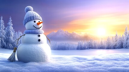 Obraz premium A snowman looking out over a snowy valley, with the sun setting behind a range of snow-capped mountains. The snowman is wearing a knit hat and holding a snow-covered broom,