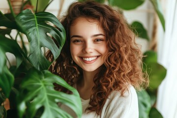 Joyful young woman smiling lush indoor plants