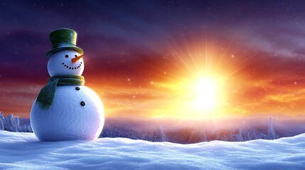 Obraz premium A snowman on a hilltop, with a vast snowy valley stretching out below and the sun setting on the horizon. The snowman is adorned with a green scarf and top hat,