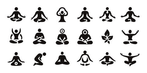 Yoga Icons set Hand draw, Yoga icon vector line art, Yoga icon set black Silhouette vector illustration