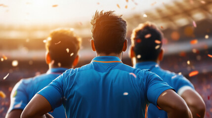 indian players in blue jersey moving towards stadium in a celebratory environment , view from the back with minimal confetti in air