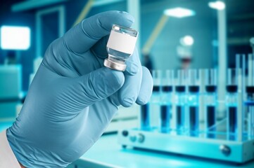 A doctor hand in blue gloves with bottle of vial