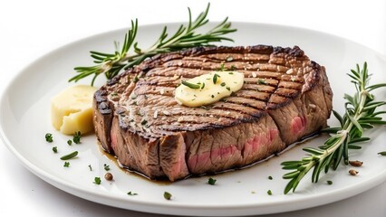 A serving of grilled steak with rosemary and garlic butter, perfectly seared, isolated on white background.-
