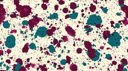 Obraz premium Abstract splatter design with teal and burgundy shapes on a light background.