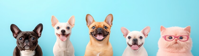 Fototapeta premium Charming group of dogs showcasing different breeds, each with unique expressions, perfect for pet lovers and animal enthusiasts.