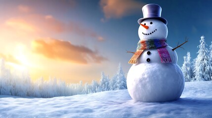 Obraz premium A snowman positioned on a snowy hilltop, overlooking a vast winter landscape with snow-covered forests and distant mountains. The snowman is adorned with a colorful scarf and a top hat,