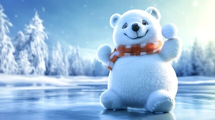 A snowman resembling a polar bear, with small snow ears and a scarf around its neck, holding a snowball in one paw. The snow bear is positioned near a frozen pond,