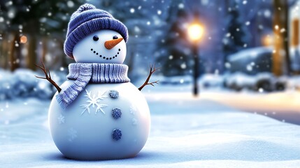 Obraz premium A snowman sculpture standing in a winter garden, adorned with detailed snowflake and star patterns carved into its body. The snowman’s hat and scarf are sculpted with fine textures,