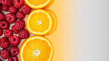 Close-up of fresh raspberries and orange slices arranged in a row on a white background
