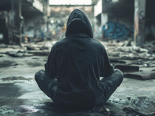 Contemplative Figure in Hoodie Reflecting on Solitude Amongst Urban Decay and Graffiti