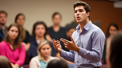 a debate team member articulating arguments passionately in front of an audience