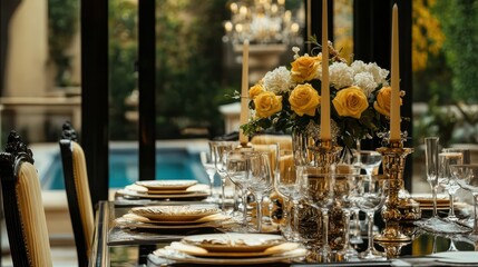 Elegant dining table set with fine china, crystal glasses, and floral centerpiece, perfect for luxurious gatherings and special occasions.