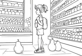 Girl Shopping for Fruits in Grocery Store Black and White Illustration