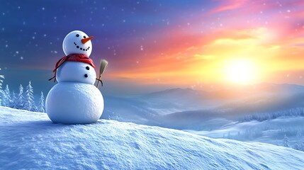 Fototapeta premium A snowman sitting at the edge of a snowy hill, overlooking a wide valley at sunset. The snowman is wearing a red scarf and holding a small broom, with the sky ablaze in vibrant oranges and pinks.
