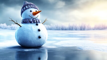 Fototapeta premium A snowman sitting beside a frozen lake, with a small twig arm resting on a nearby rock. The snowman’s hat is tilted, and the surrounding snow is undisturbed, creating a sense of untouched purity.