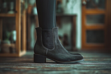 Close-up of legs wearing black suede high heels boots black tights or leggings.