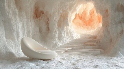 White Cave Interior with Stairs and Modern Chair - Minimalist Architecture
