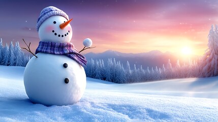 Obraz premium A snowman standing at the edge of a hill, with a snowy valley stretching out beneath it. The snowman is wearing a cozy scarf and holding a snowball in one twig arm,