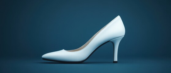 A Classic White High Heel Shoe Isolated on a Blue Background