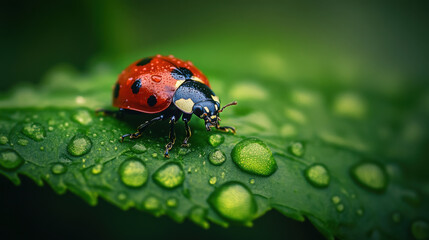 Obraz premium Macro shot of a ladybug crawling on a green leaf with dew drops
