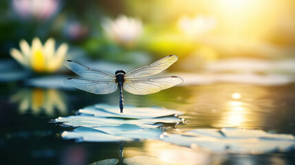 Naklejka premium A dragonfly hovering above a serene pond with sunlight reflecting on its wings