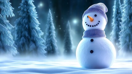 Fototapeta premium A snowman standing in the middle of a quiet winter forest, surrounded by towering snow-covered trees. The snowman wears a simple hat and scarf,