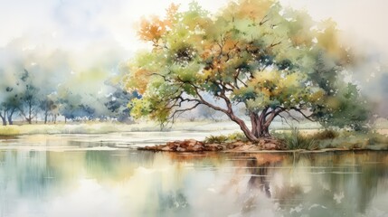pond oak tree water color