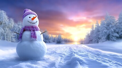 Obraz premium A snowman standing on a snow-covered path, with the brilliant colors of a sunset spreading across the sky. The snowman’s hat and scarf are gently illuminated by the soft light,