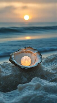 oyster shell with glowing pearl at sunset on beach