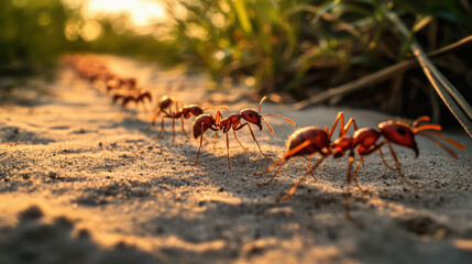 Fototapeta premium Ants marching in a line on a sandy path with close-up details