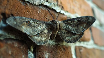 Close-up of a moth resting on a brick wall with its wings spread open