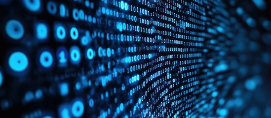 Abstract digital binary code background with blue glowing numbers and symbols.