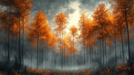 A misty forest with tall trees with orange leaves in the fall, with a sun breaking through the clouds in the background.