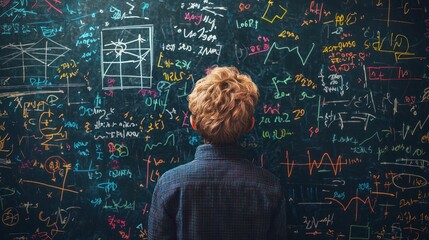 arithmetic depicted by a student solving math problems on a chalkboard, surrounded by colorful diagrams and equations